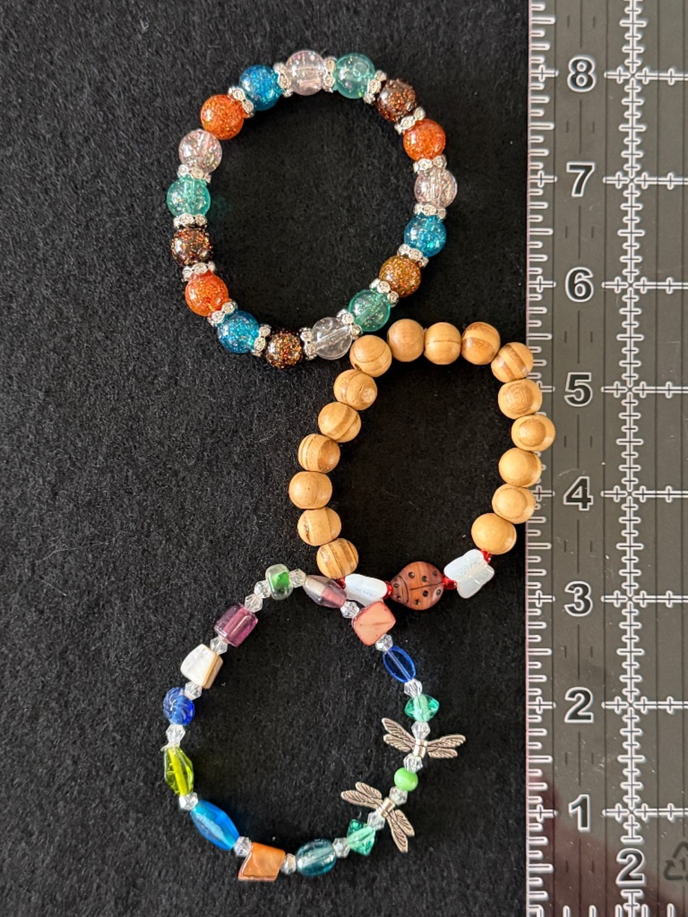 Bracelets Group Of 3 Earth Tones, Lady Bug Dragonfly, Wood Beads, Glass Beads